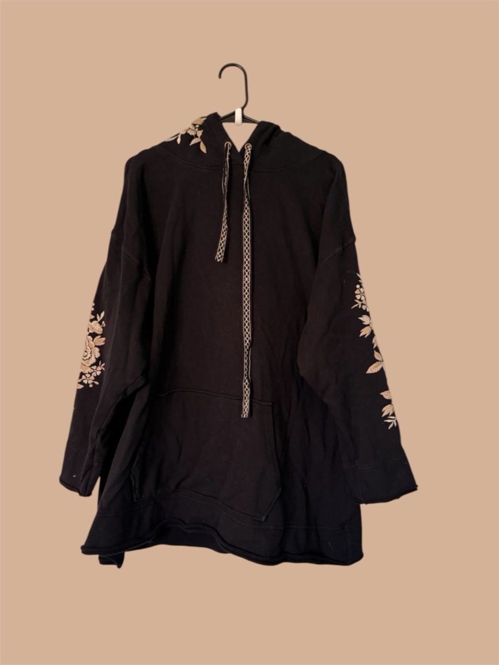 Johnny Was Black Hooded Pullover with Cream Floral Embroidery